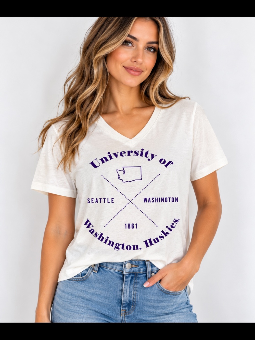 University of Washington Huskies White V-Neck Graphic Tee